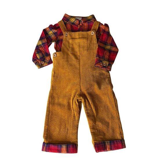 Tahari Boy's Brown Red Plaid Corduroy Overalls Set With Flannel Shirt 6-9 Months - Picture 1 of 4